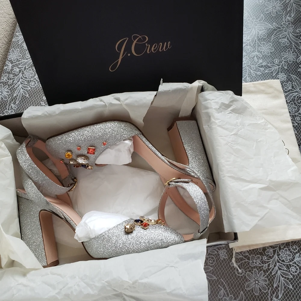 J. Crew Silver Glitter Jeweled Block Heel Sandals